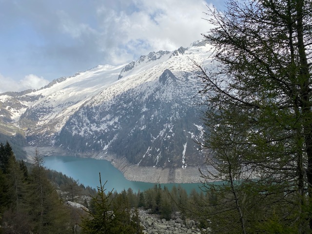 Vista montagna innevata e un lago lindo circondato da alberi