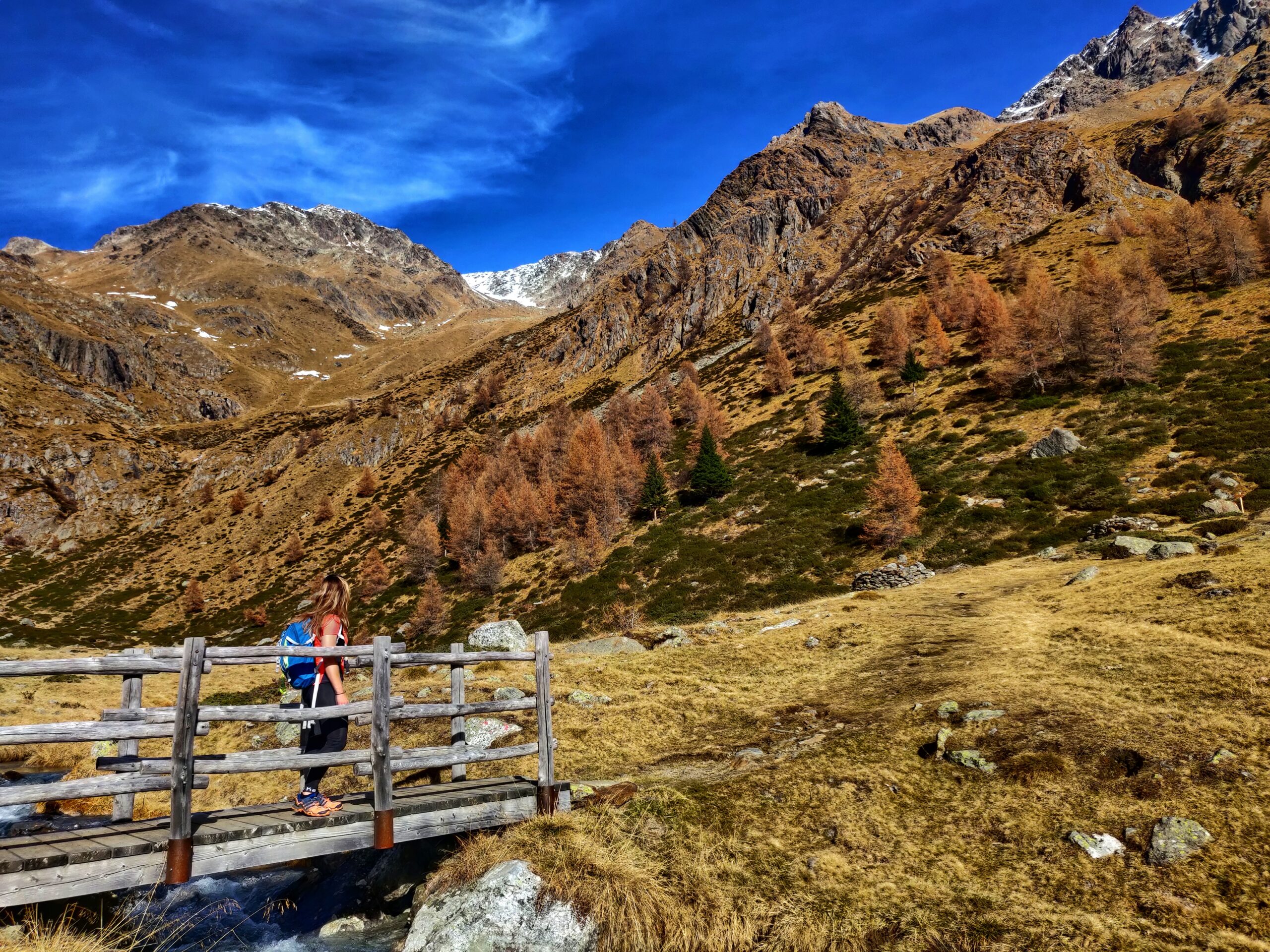 Foto di una ragazza mentre attraversa un piccolo ponte per raggiungere le montagne con alberi verdi e pallidi