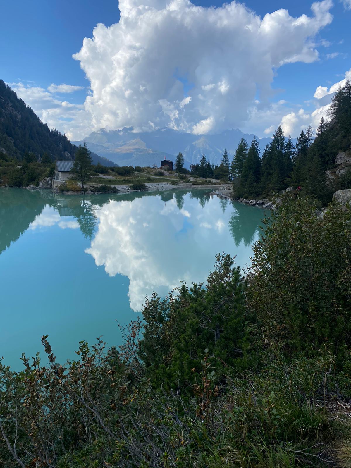 Vista lago in mezzo a montagne e albero con un cielo limpido