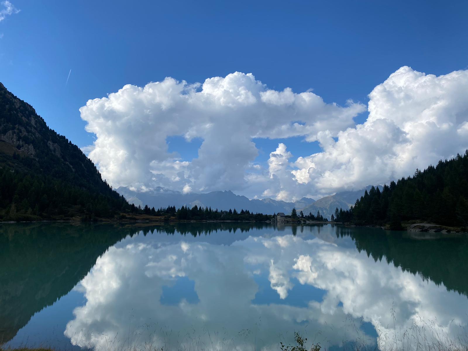 Foto di un lago verde e limpido ornato da colline con parecchi alberi verdi ed un cielo luminoso con nuvole bianche