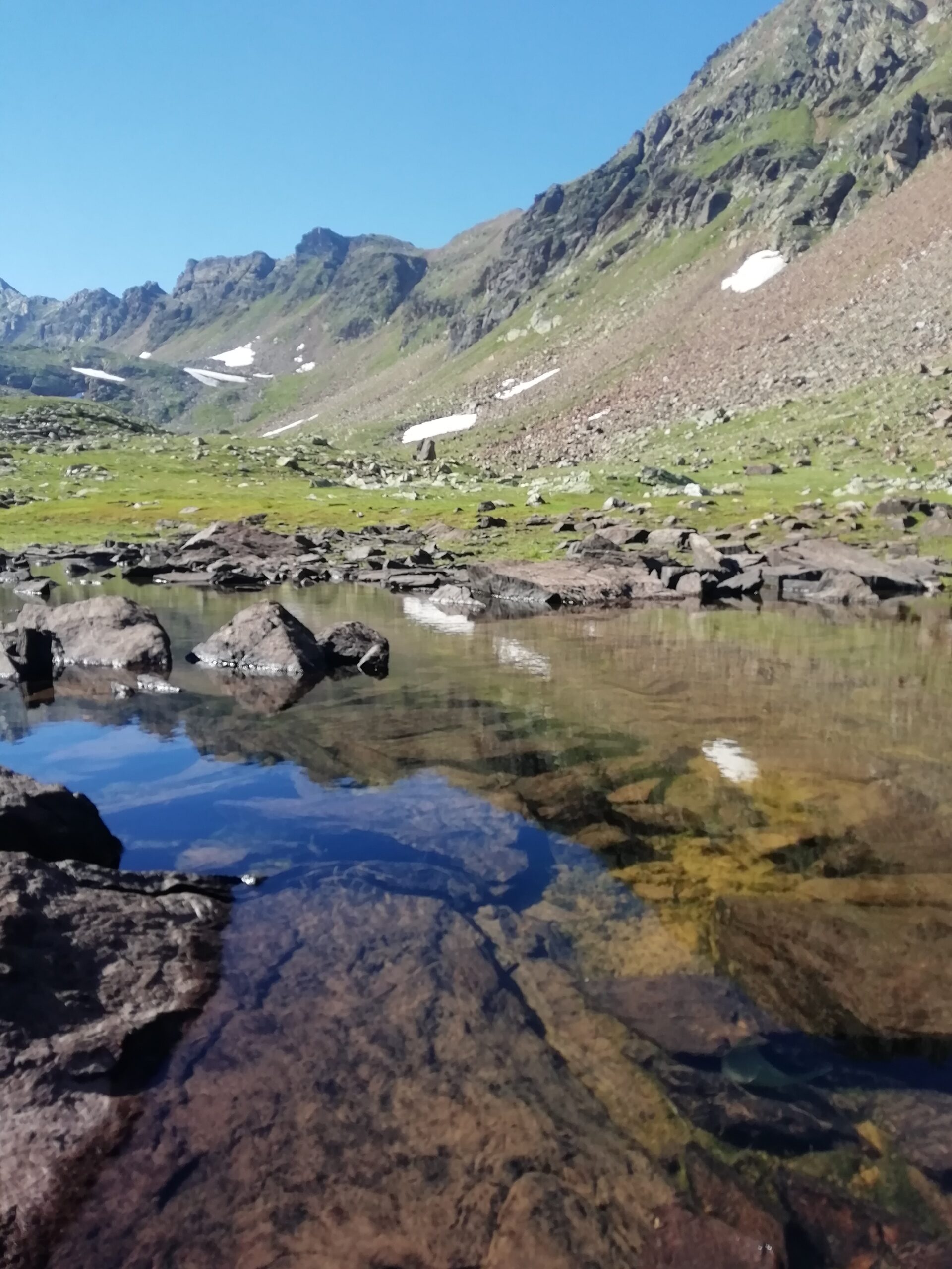 Vista di un piccolo lago contornato da piccole e grandi rocce, in secondo piano sono presenti delle montagne chiazze di neve ed un cielo limpido